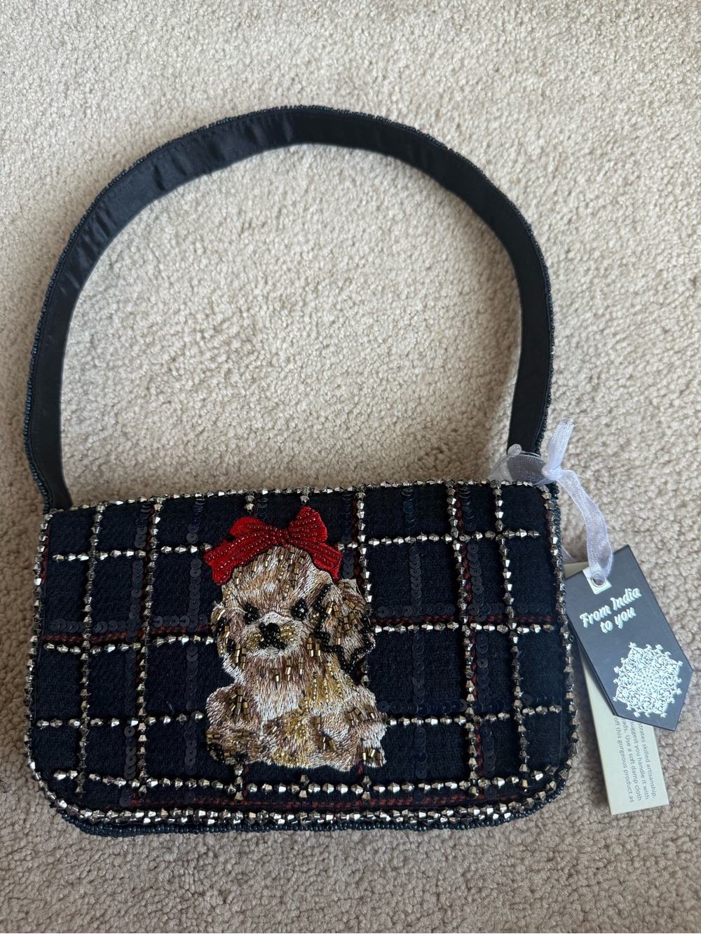 Beaded Plaid Shoulder Bag with Puppy poodle Embellishment